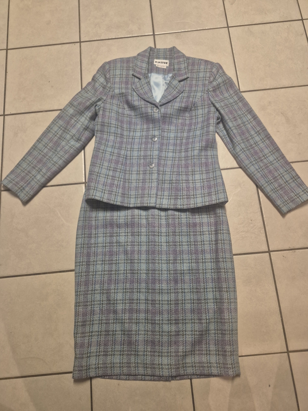 Joan Leslie Purple And Blue Blended Wool Plaid Suit Skirt Size 14/ Jacket 10
